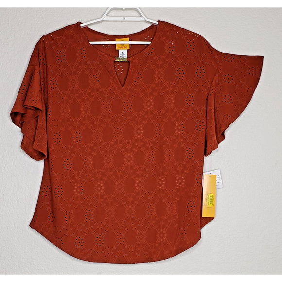 Ruby Rd Top Medium Short Bell Sleeve Rusty Red Eyelet Blouse Attached Tank NWT - Picture 1 of 9